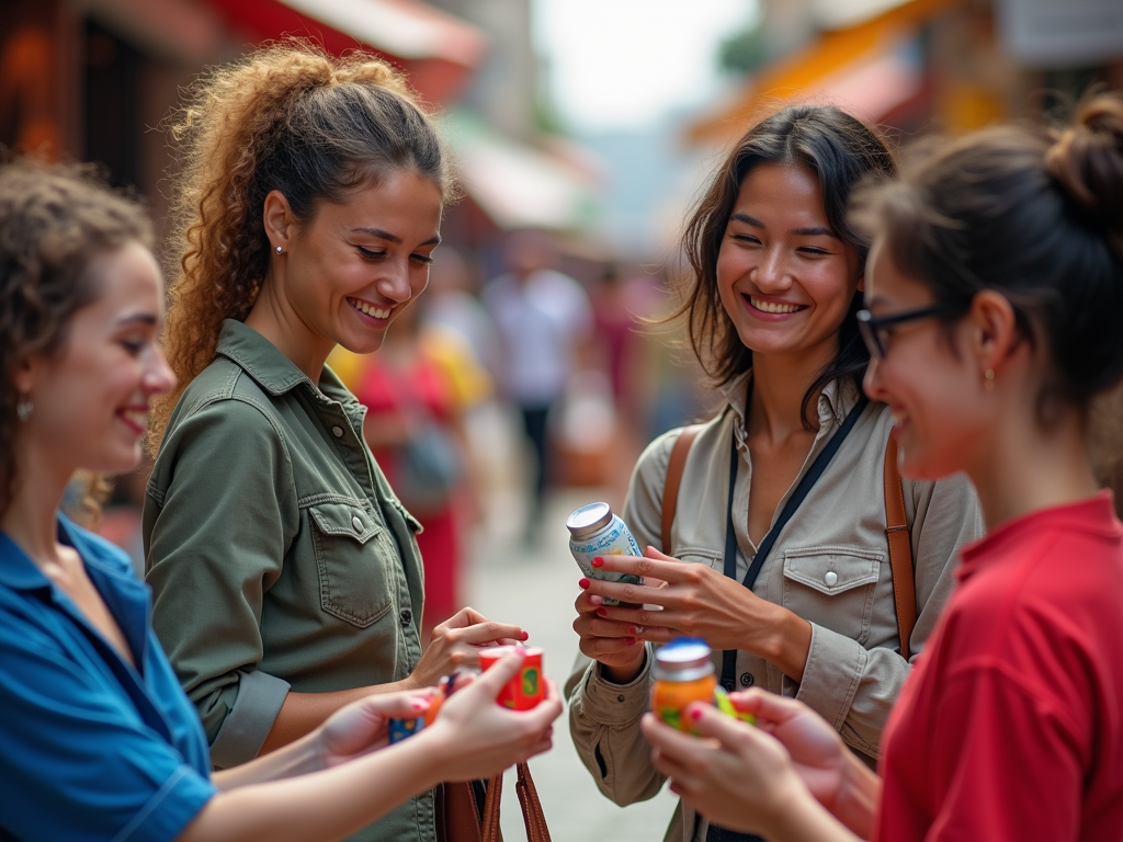 Four women laughing and sharing drinks on a busy street.