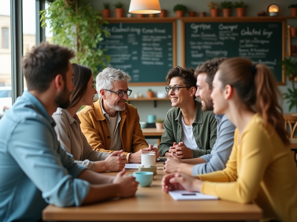 Group of six adults in lively conversation at a café table.