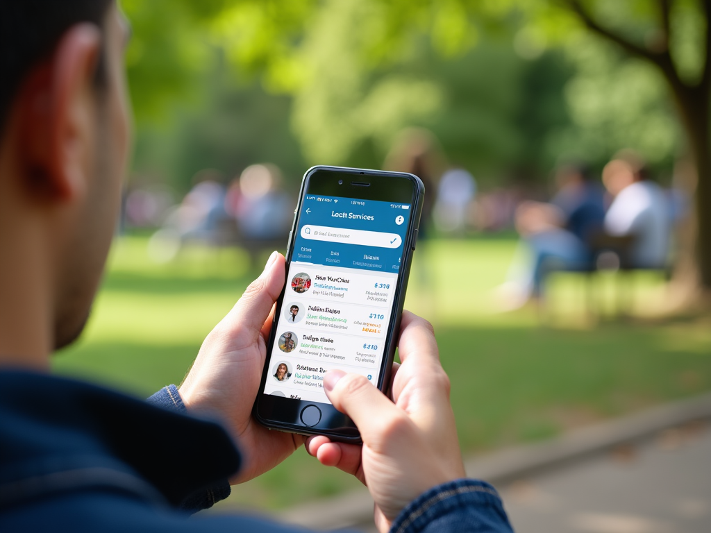 Man in park browsing local services on smartphone, blurred background shows people relaxing.