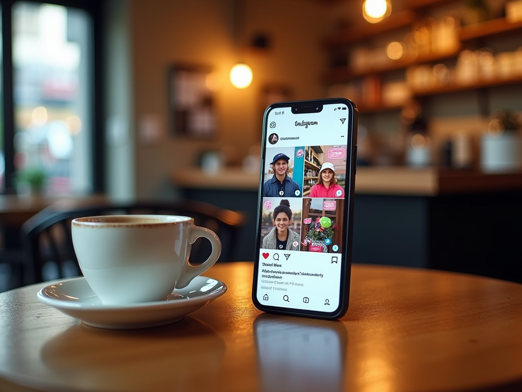 A smartphone displays an Instagram feed beside a white coffee cup on a wooden table in a cozy cafe setting.