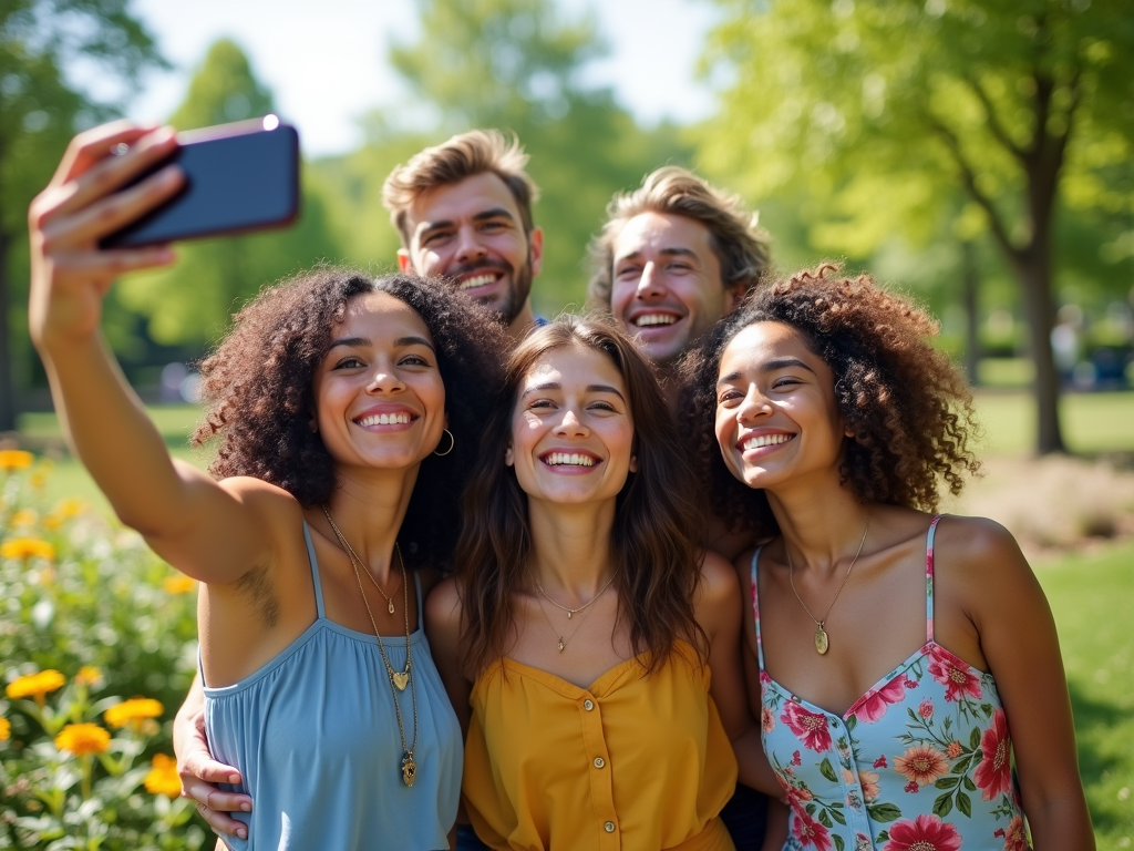 A group of five friends smiling and posing for a selfie in a sunny park, surrounded by green trees and flowers.