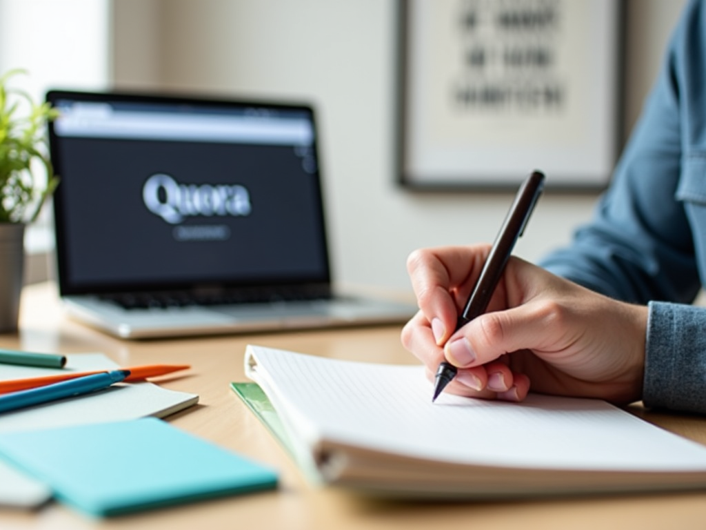 Person writing notes with pen on paper, laptop with 'Quora' on screen blurred in background.