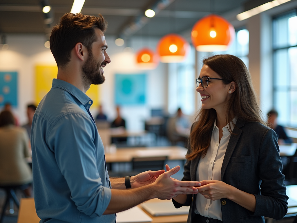 A man and a woman are smiling and engaging in conversation in a modern office setting.