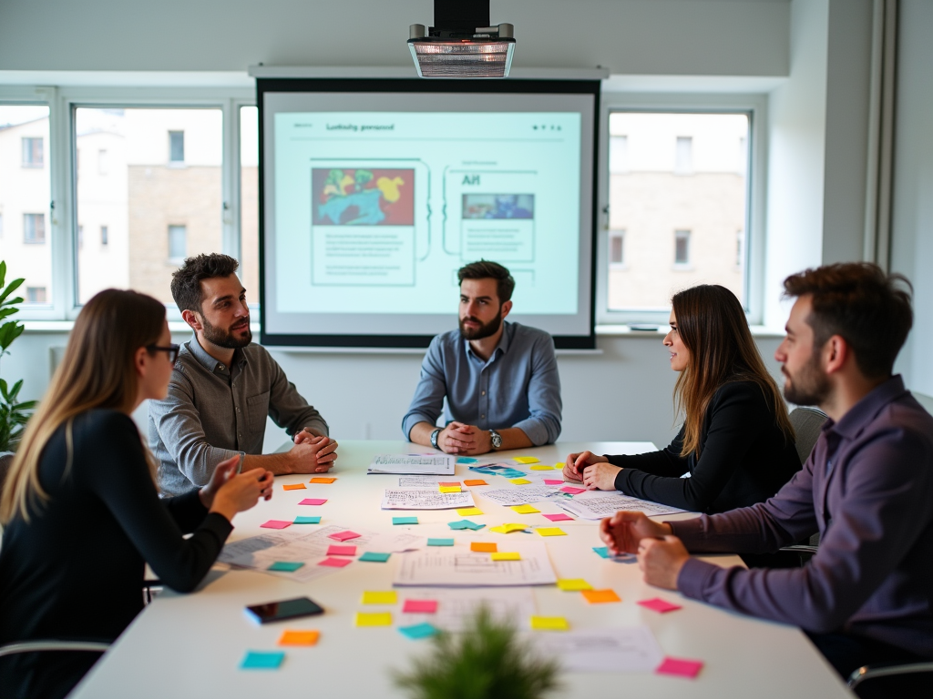 Professionals discussing at a table with colorful sticky notes and a presentation in the background.