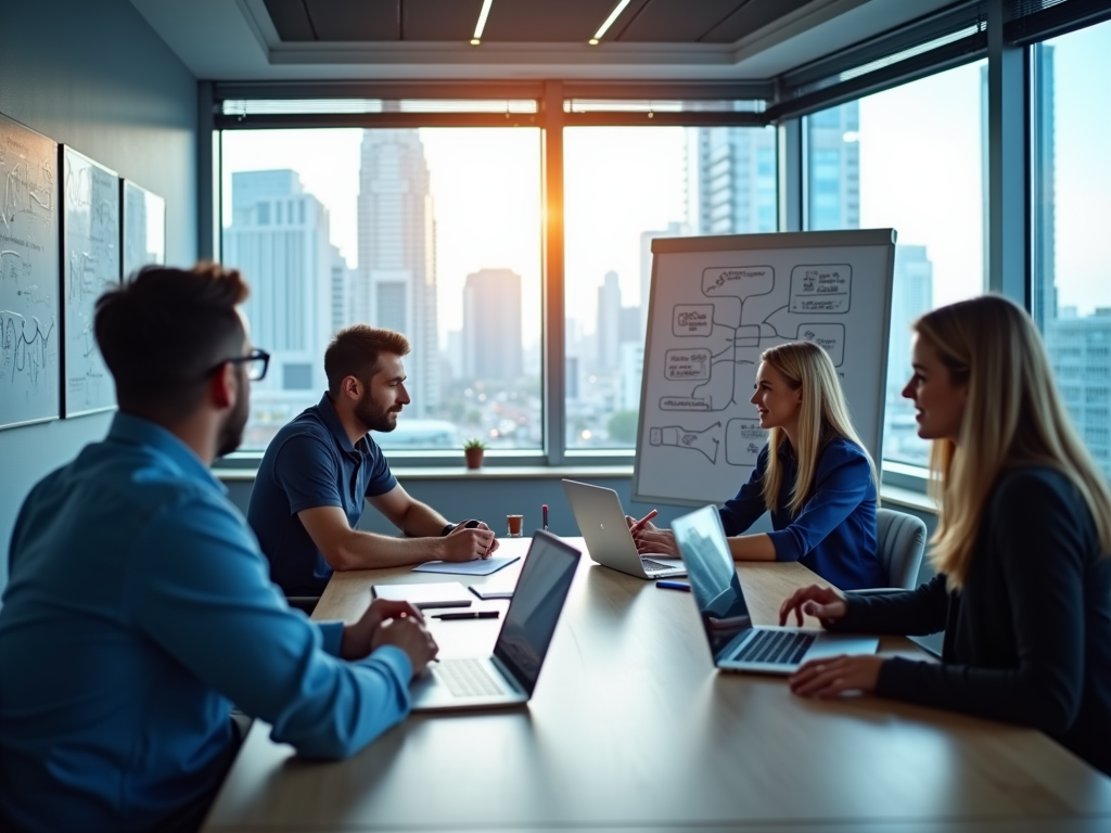 A professional meeting with four people discussing ideas in a modern office overlooking a city skyline at sunset.