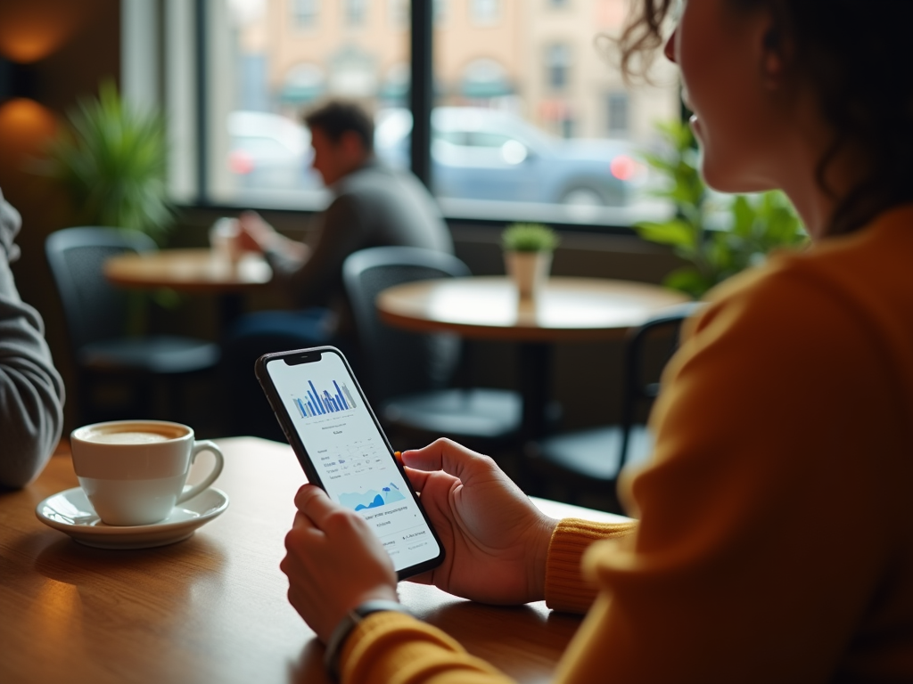 Woman in café showing business graphs on smartphone to colleague, with coffee on table.