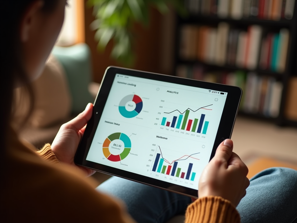 A person holding a tablet displaying colorful analytics graphs and charts in a cozy indoor setting.