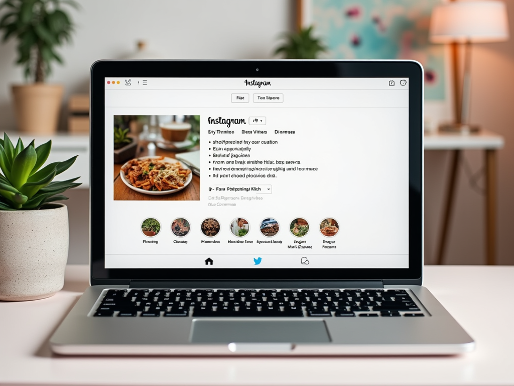 A laptop displays an Instagram profile with a plate of food, featuring various dietary preferences and meal options.