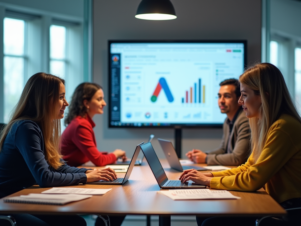 Four colleagues discussing business charts on a screen in a modern office setting.