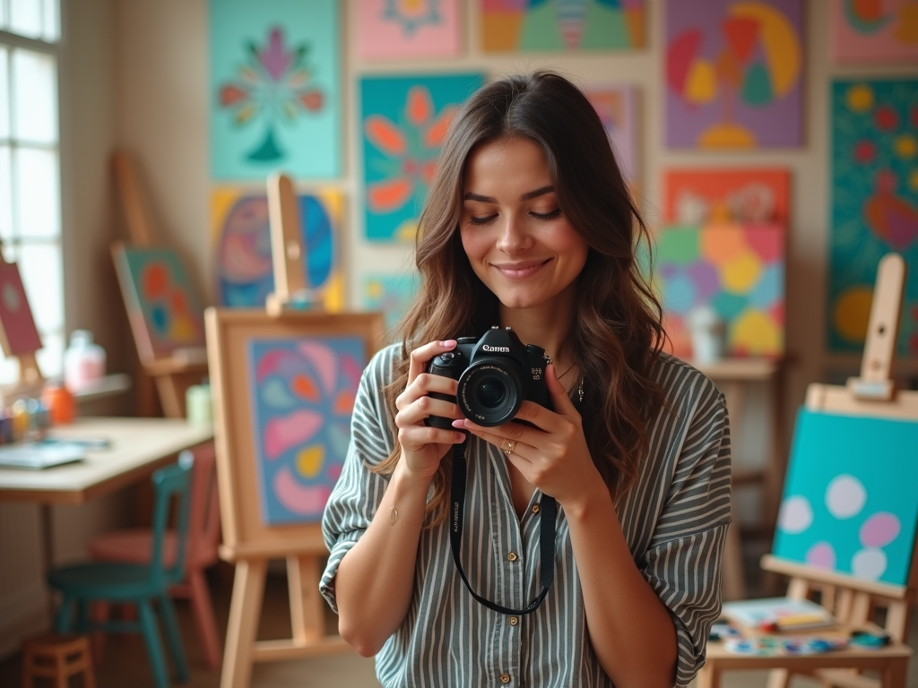 A smiling woman holds a camera in an art studio filled with colorful paintings and easels.