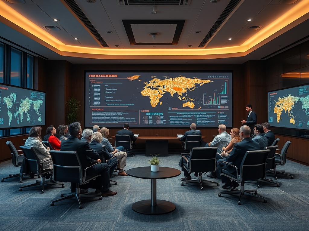 A business meeting in a modern room, with a large map and data displays, attendees focused on a presentation.