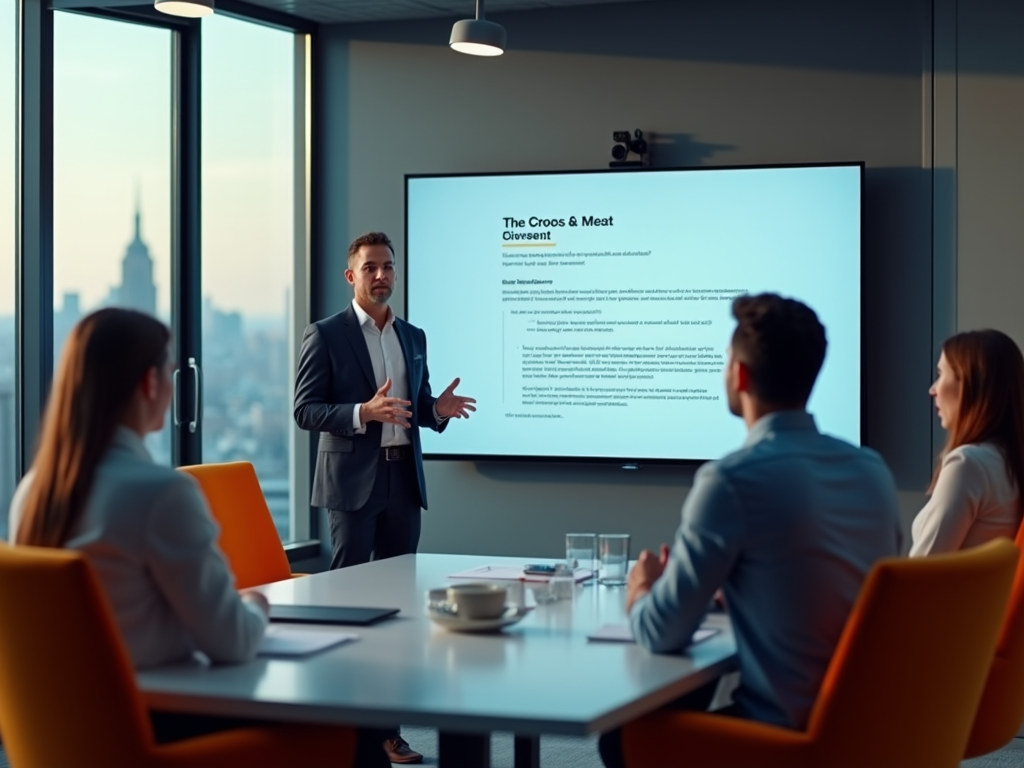 Businessman giving a presentation on "The Croos & Meat Movement" to colleagues in a modern office with city view.