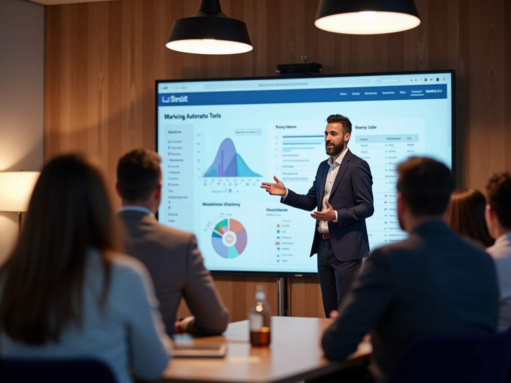 Man presenting marketing data on screen to audience in a modern office setting.