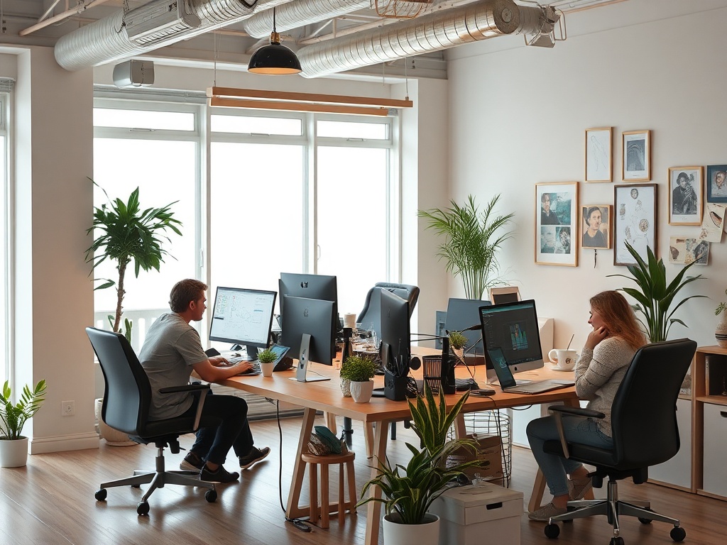 Two people work at desks in a bright office filled with plants, large windows, and modern computers.
