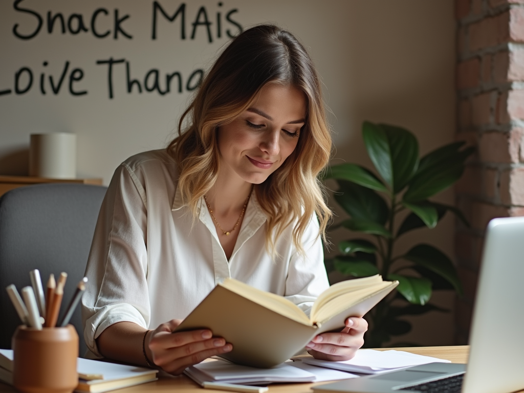 A woman with long hair reads a book at a desk, surrounded by plants and stationery, with motivational quotes on the wall.