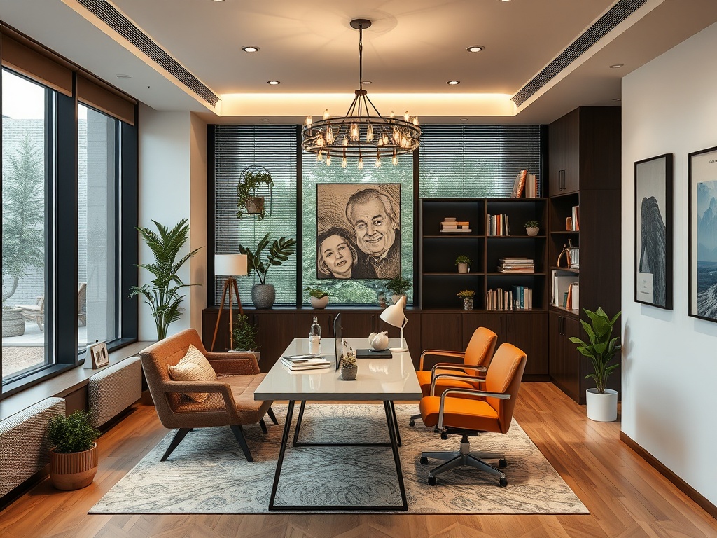 A modern office with a large table, orange chairs, plants, and a portrait on the wall. Warm, inviting atmosphere.