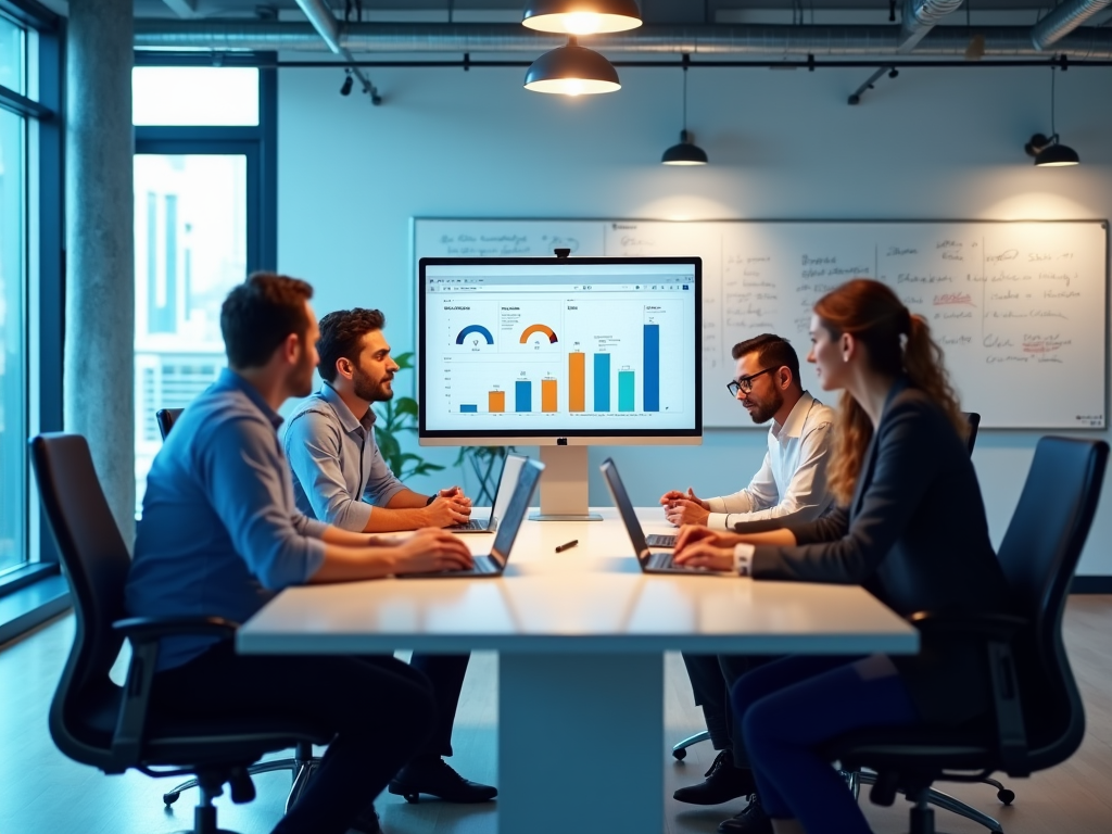 Team of four professionals analyzing data on a large screen in a modern office meeting.