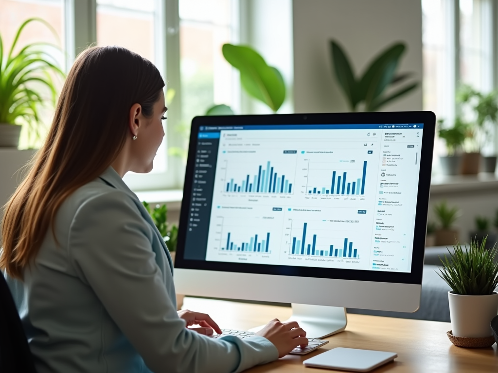 Woman in office reviewing financial data on computer monitors, natural light.