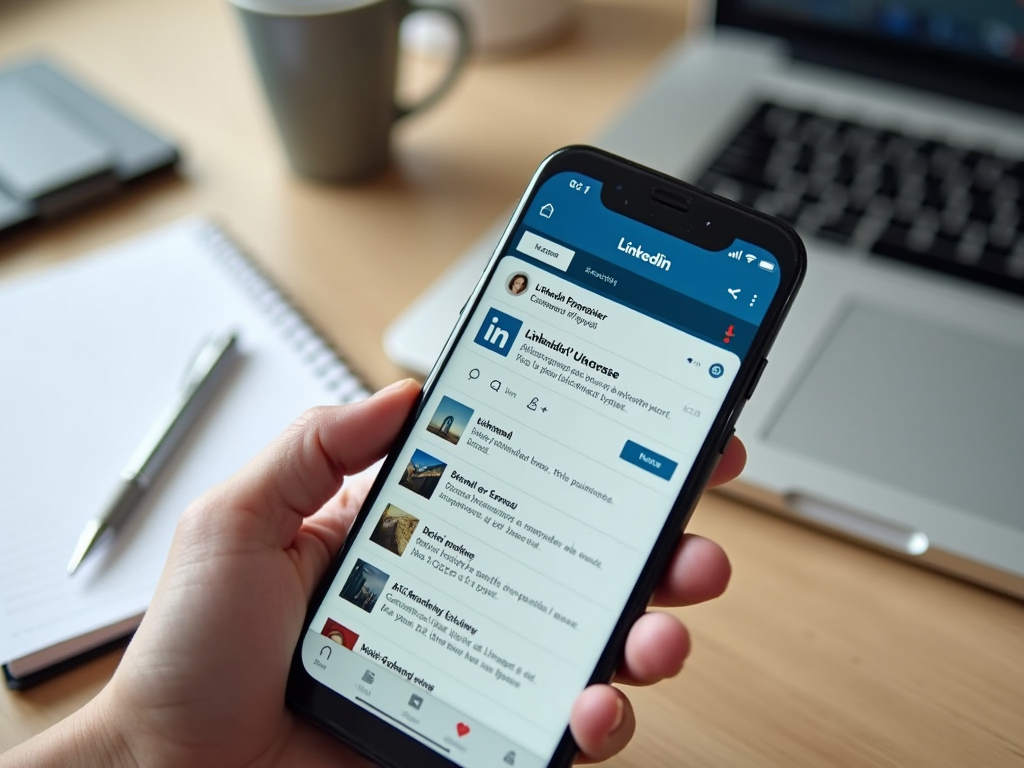 Hand holding smartphone displaying LinkedIn feed, with desk objects like notepad and laptop in background.