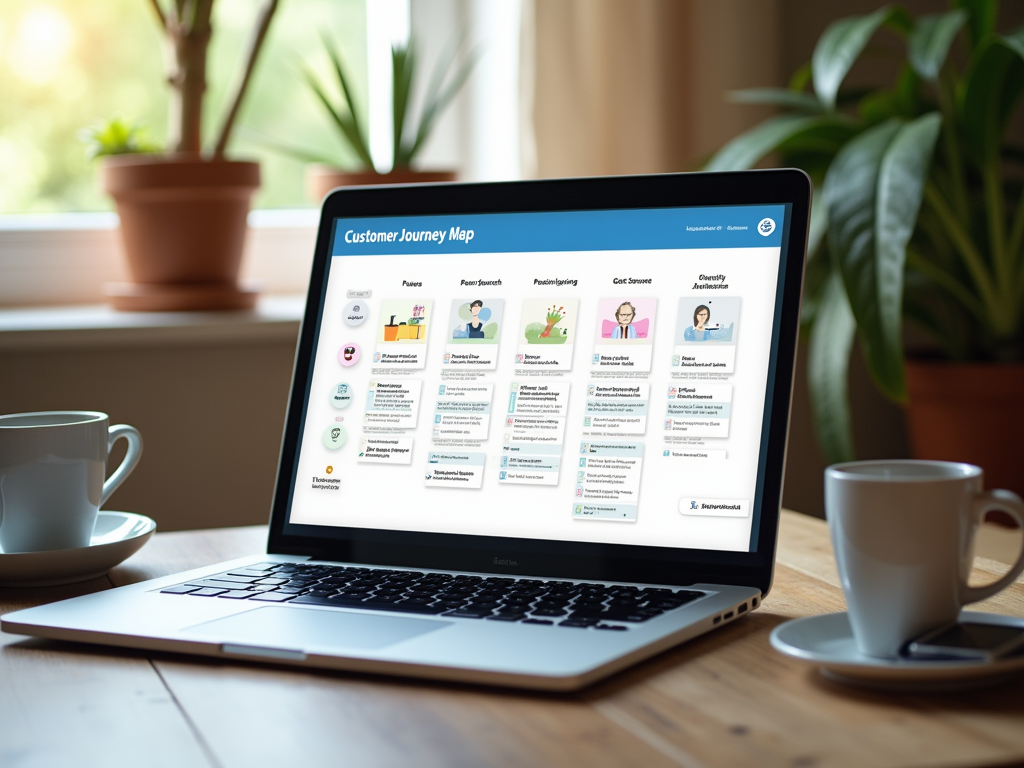 Laptop on a desk displaying a Customer Journey Map, with coffee cup and plant by a window.