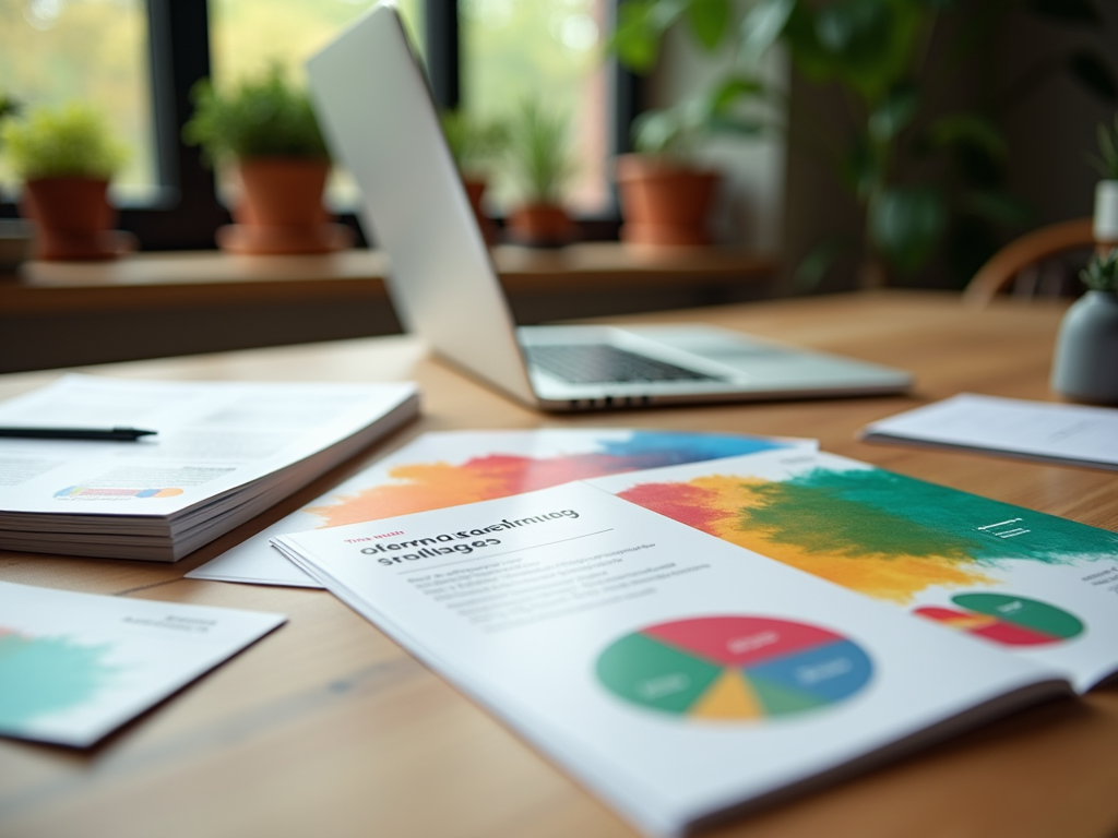 Office desk with marketing materials, colorful charts, and an open laptop.