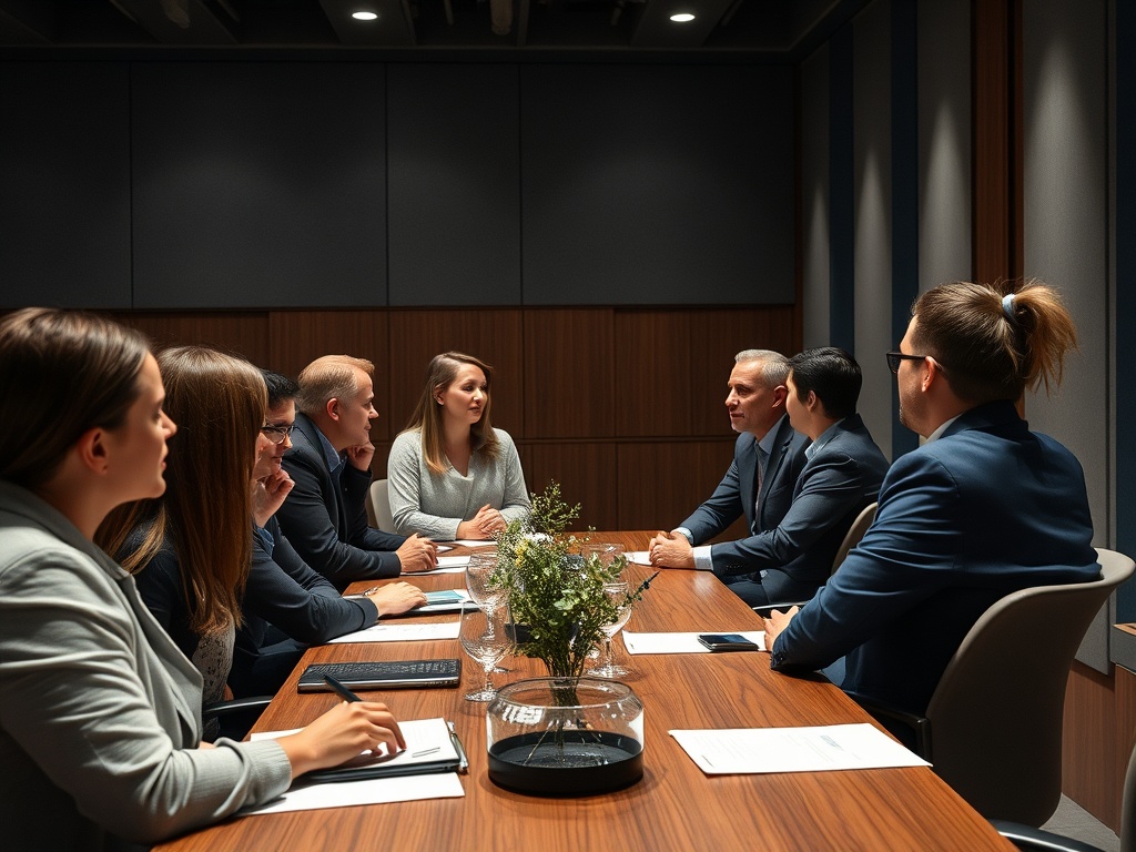 A diverse group of eight professionals are engaged in discussion around a conference table.