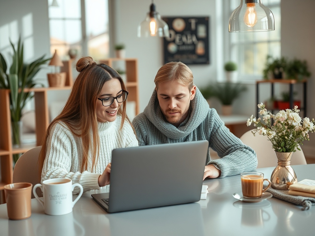 A man and woman sitting at a table, smiling and looking at a laptop, with coffee and flowers nearby.