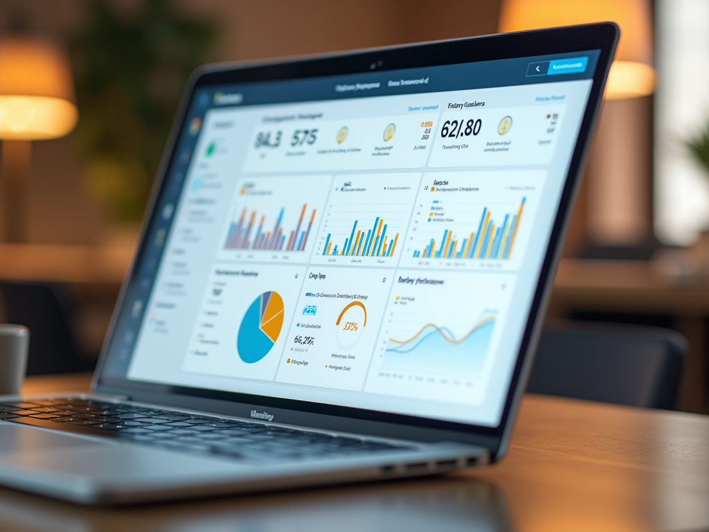 Laptop screen displaying colorful business performance charts and data graphs in a cozy office setting.