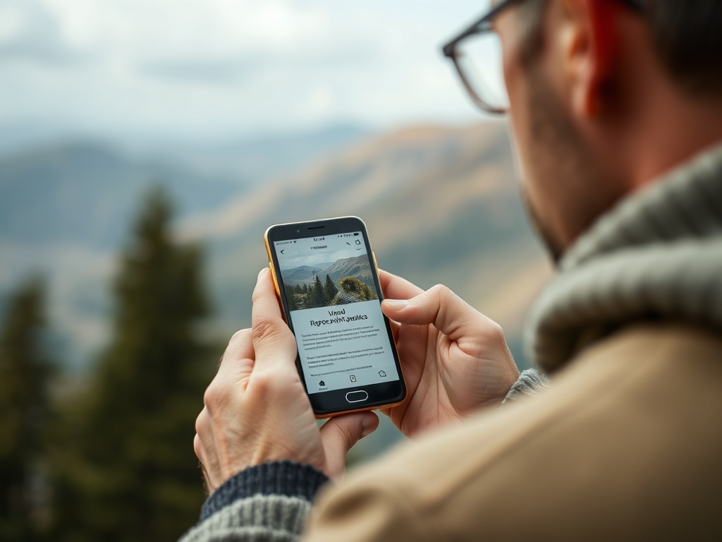 A person holding a smartphone outdoors, viewing a nature-related website against a scenic mountain backdrop.
