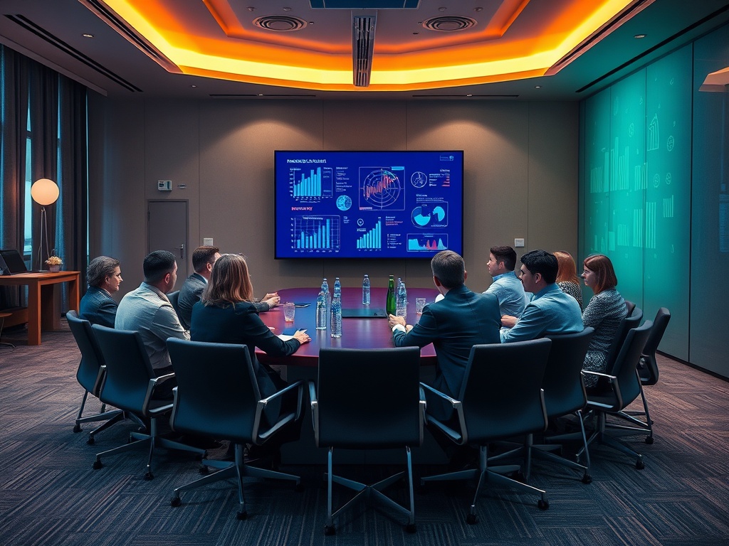 A group meeting in a conference room, discussing data displayed on a screen, with modern decor and seating.